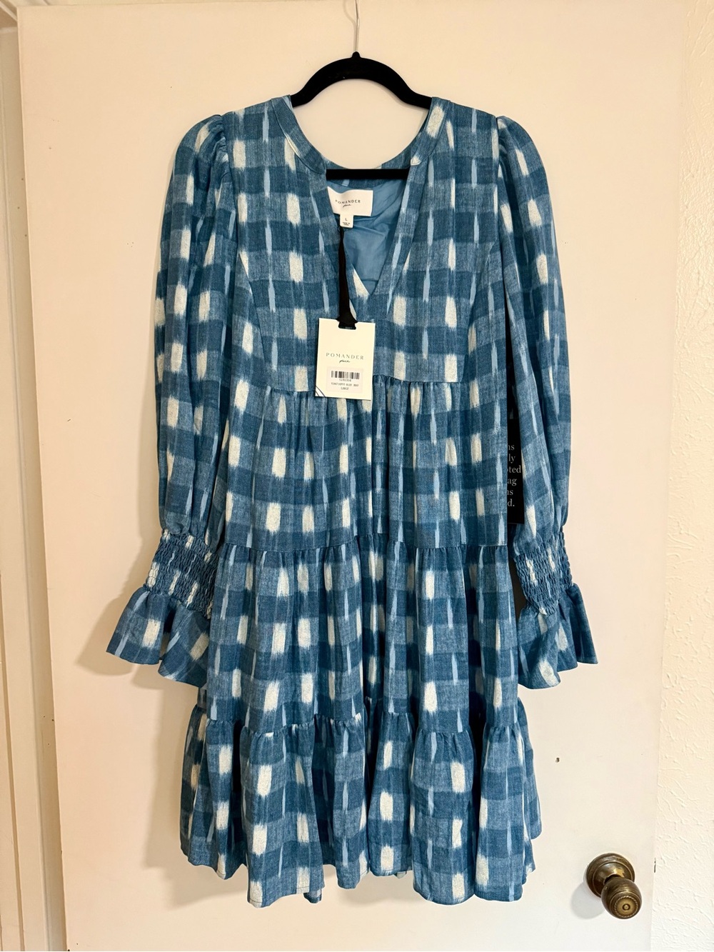 Tuckernuck Blue and White Checked Tiered Long Sleeve Dress
